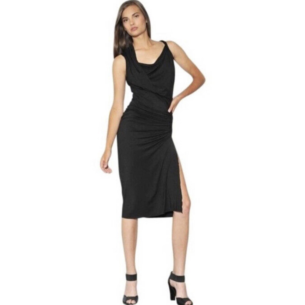 Michelle Jonas Grecian Twist Dress Large L Black Midi Ruched Travel